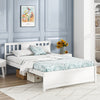 Full-size wooden platform bed in white with stylish headboard and slatted support, perfect for elegant bedroom decor.