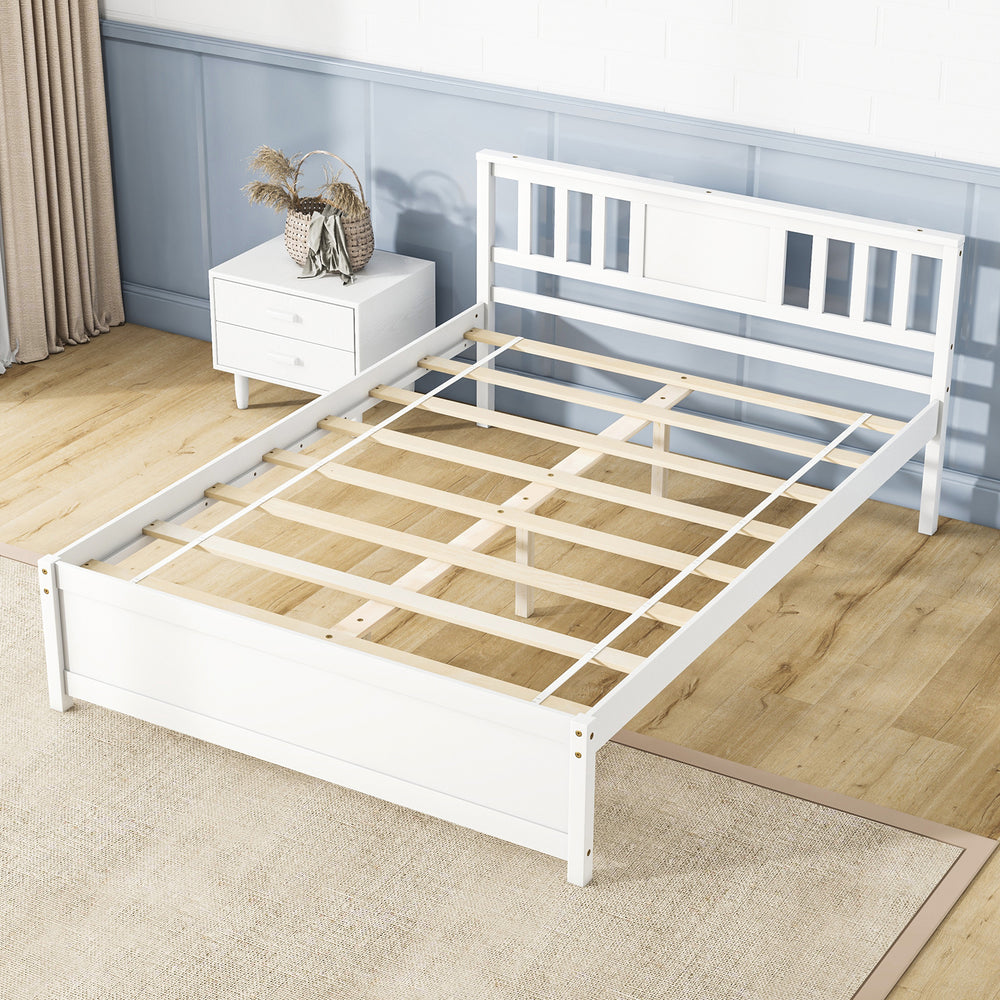 Full view of the white wooden platform bed with headboard and slatted support, designed for elegant bedroom aesthetics.
