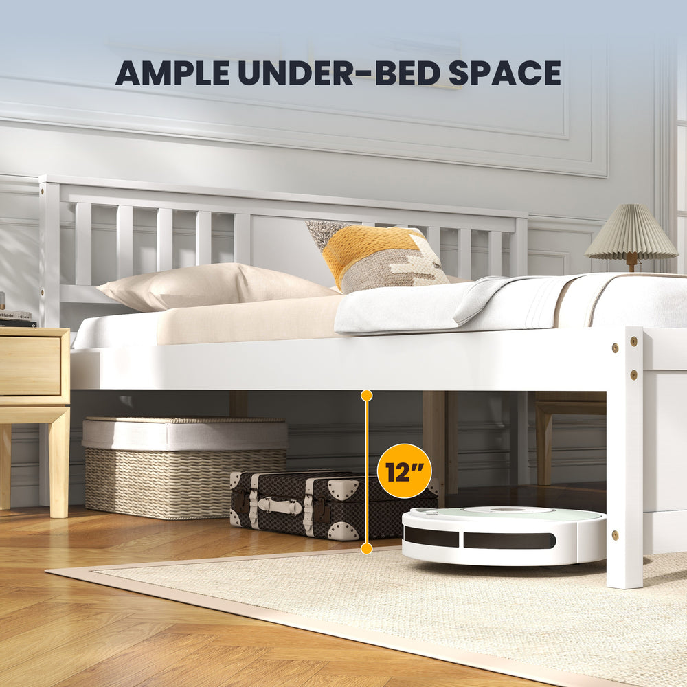 Wooden platform bed with headboard showing 12" under-bed space for storage, featuring a white finish and slatted.