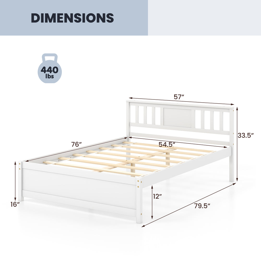 Full-size wooden platform bed with headboard, slatted support, and 440 lbs capacity, shown with dimensions for easy.