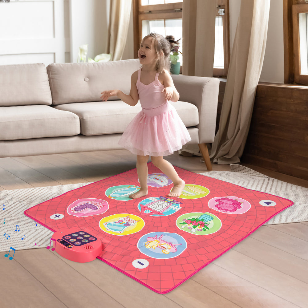 Colorful Fun Dance Mat for Kids with piano sounds, featuring cartoon patterns and soft padded surface for cozy play.