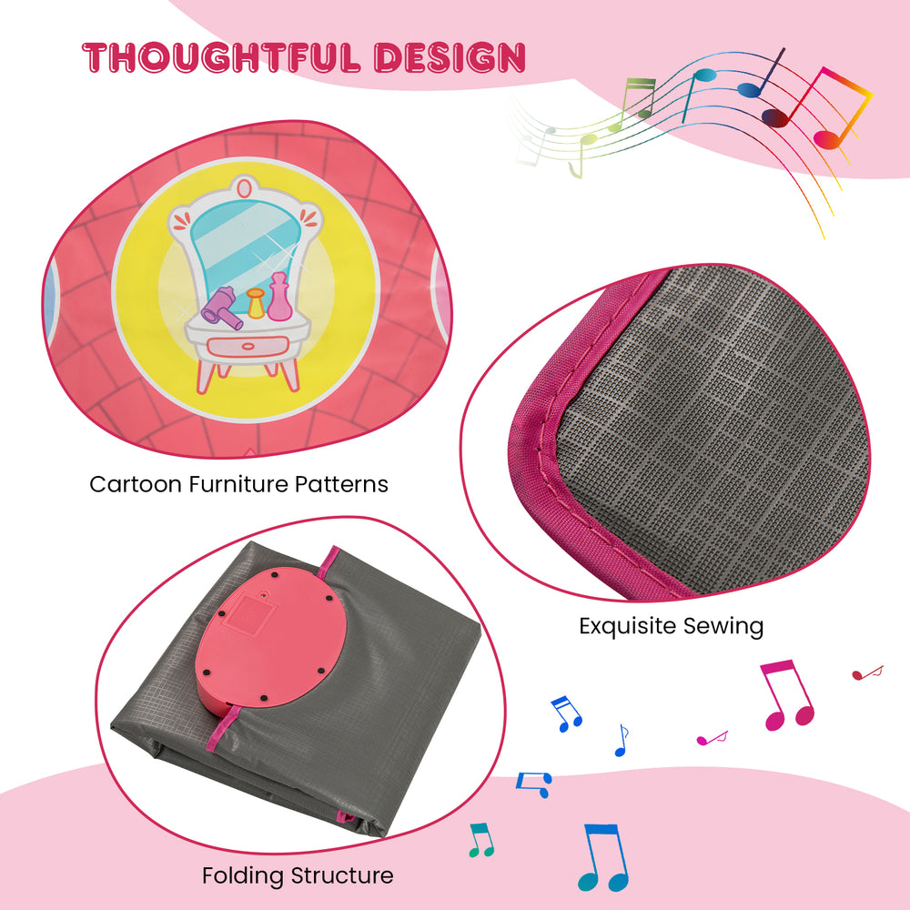 Colorful dance mat with cartoon patterns, featuring a folding design and anti-slip bottom for kids' fun and safety.