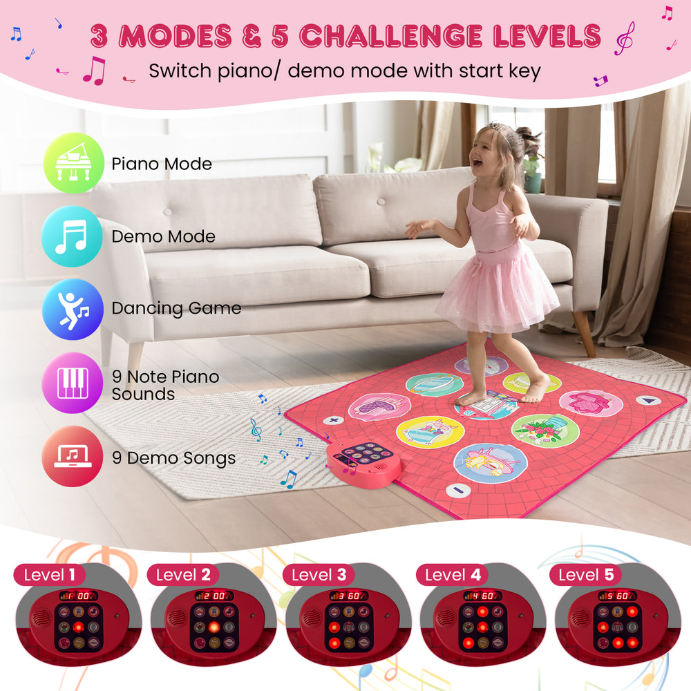 Colorful Fun Dance Mat for Kids featuring 9 piano sounds, 3 modes, and 5 challenge levels for interactive play.