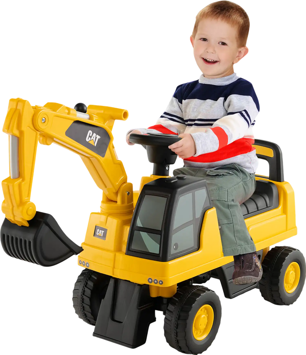Licensed Caterpillar kids ride-on digger in yellow with control lever, suitable for ages 1-3, for outdoor fun.