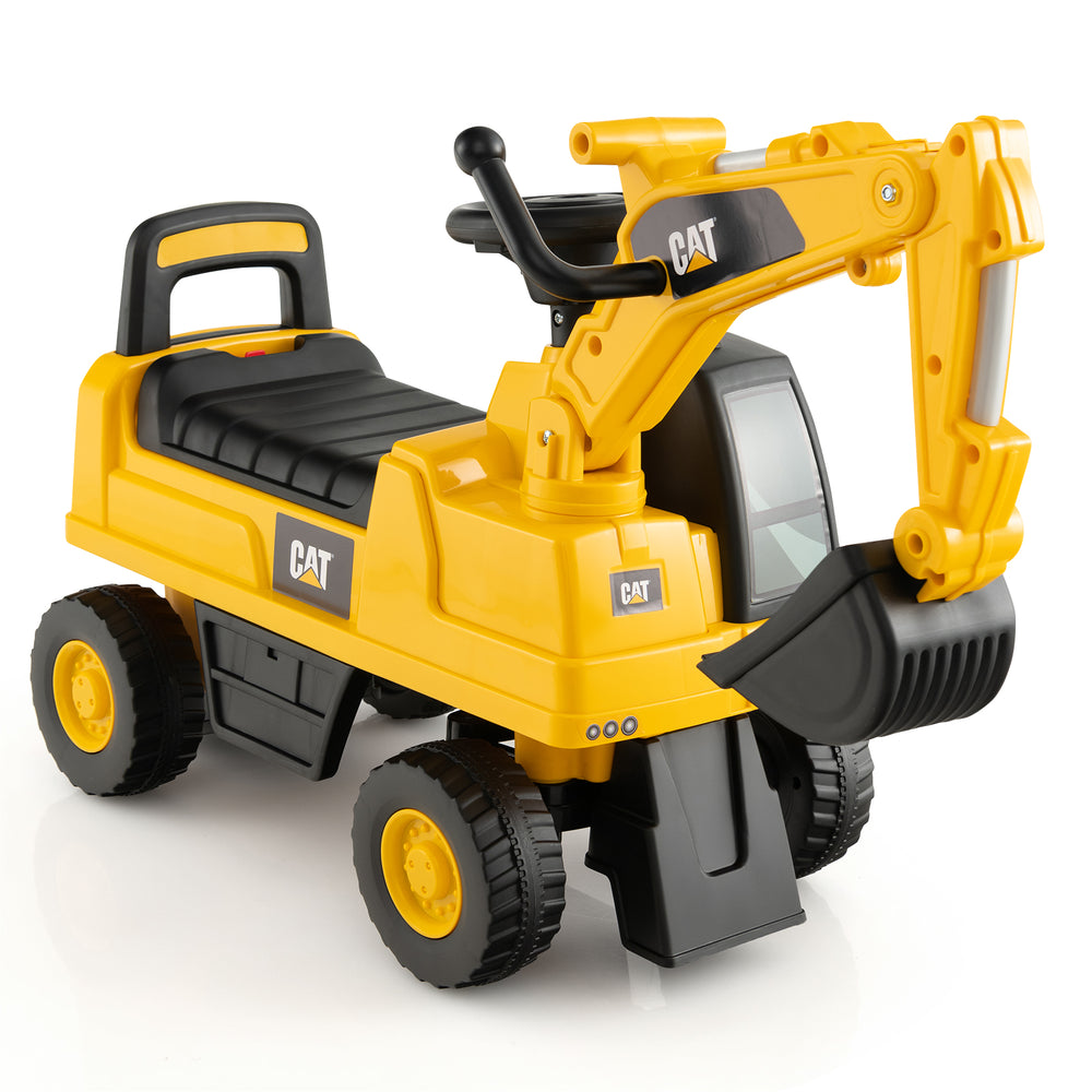Licensed Caterpillar kids ride-on digger in yellow with control lever, flexible steering, and under-seat storage for.