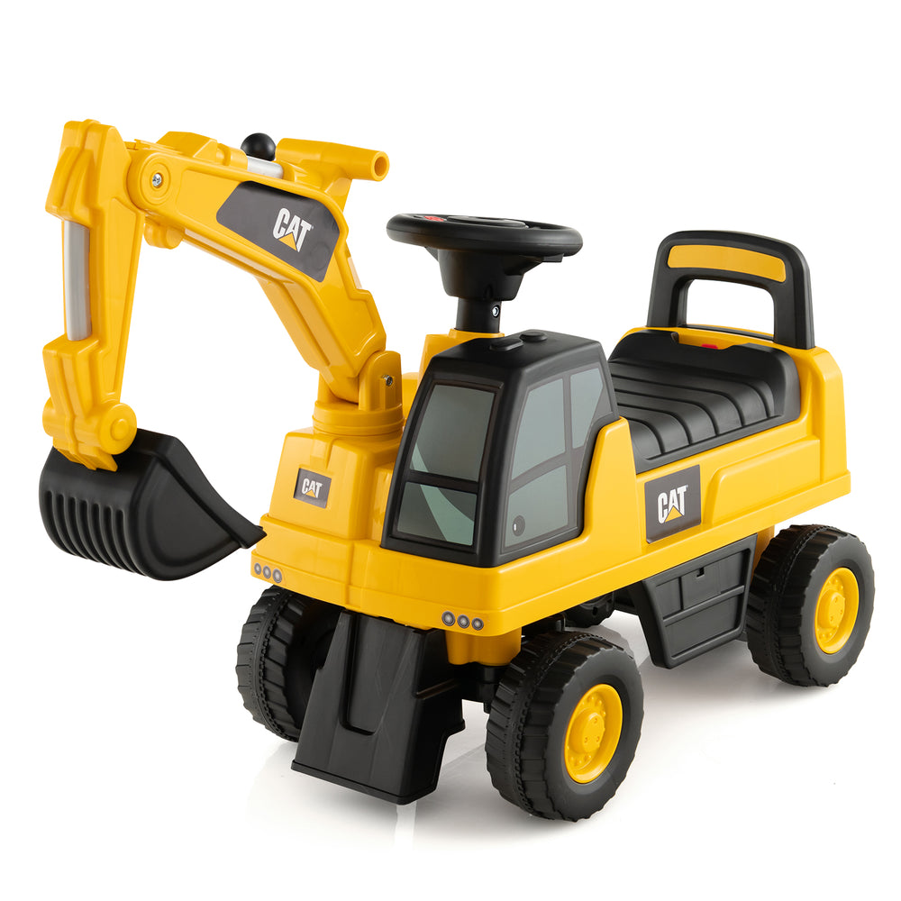 Licensed Caterpillar kids ride-on digger in yellow, featuring a backrest and anti-tumble shelf for safe riding fun.