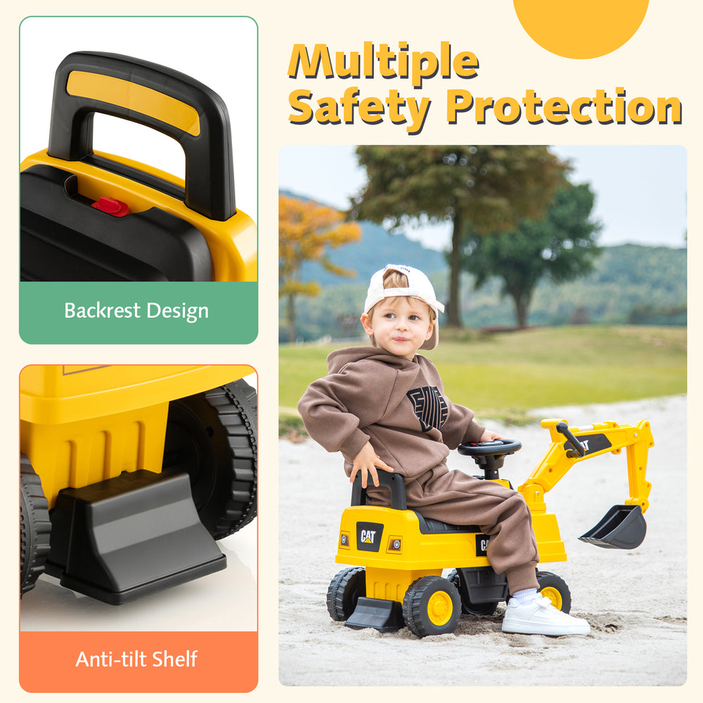 Licensed Caterpillar kids ride-on digger in yellow with backrest design and anti-tumble shelf for safe play.