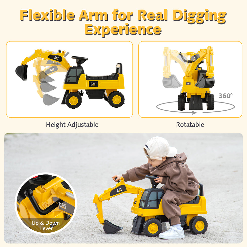 Licensed Caterpillar kids ride-on digger in yellow with adjustable arm, suitable for ages 1-3, for fun outdoor play.