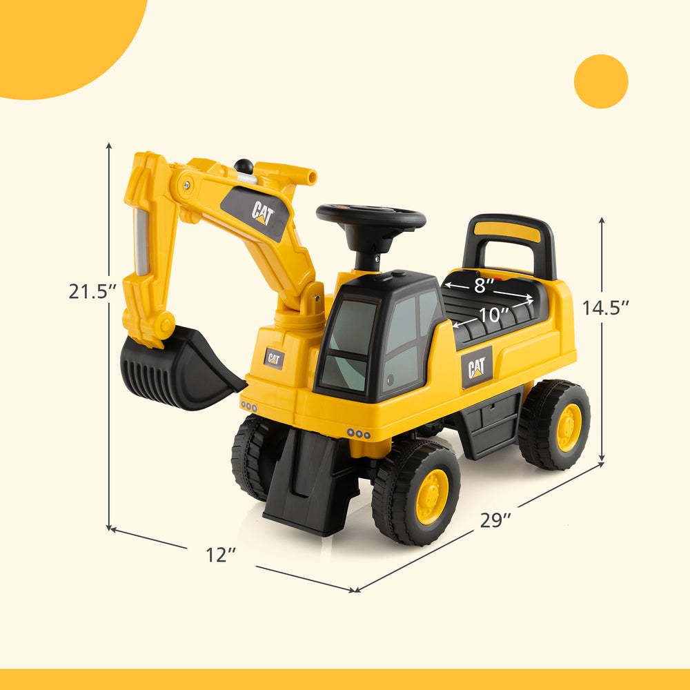 Licensed Caterpillar Kids Ride-On Digger in yellow with steering wheel, storage, and anti-tumble design for ages 1-3.