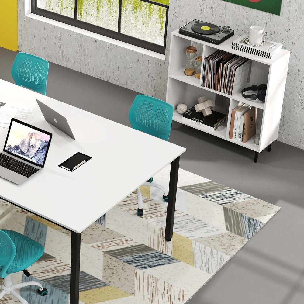 Functional office furniture package featuring a modern white table, adjustable bar stools, and versatile shelving for.