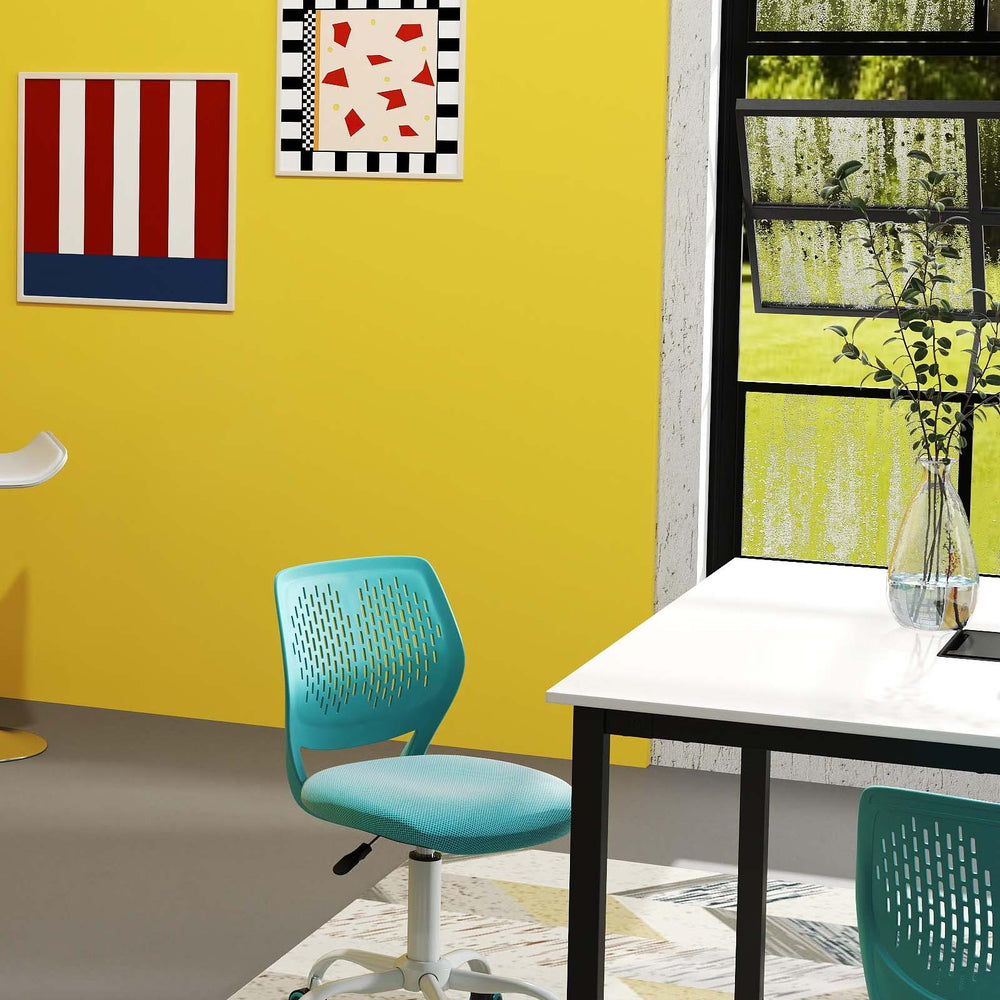 Swivel chair in turquoise with perforated back, part of a functional office furniture package for compact workspaces.