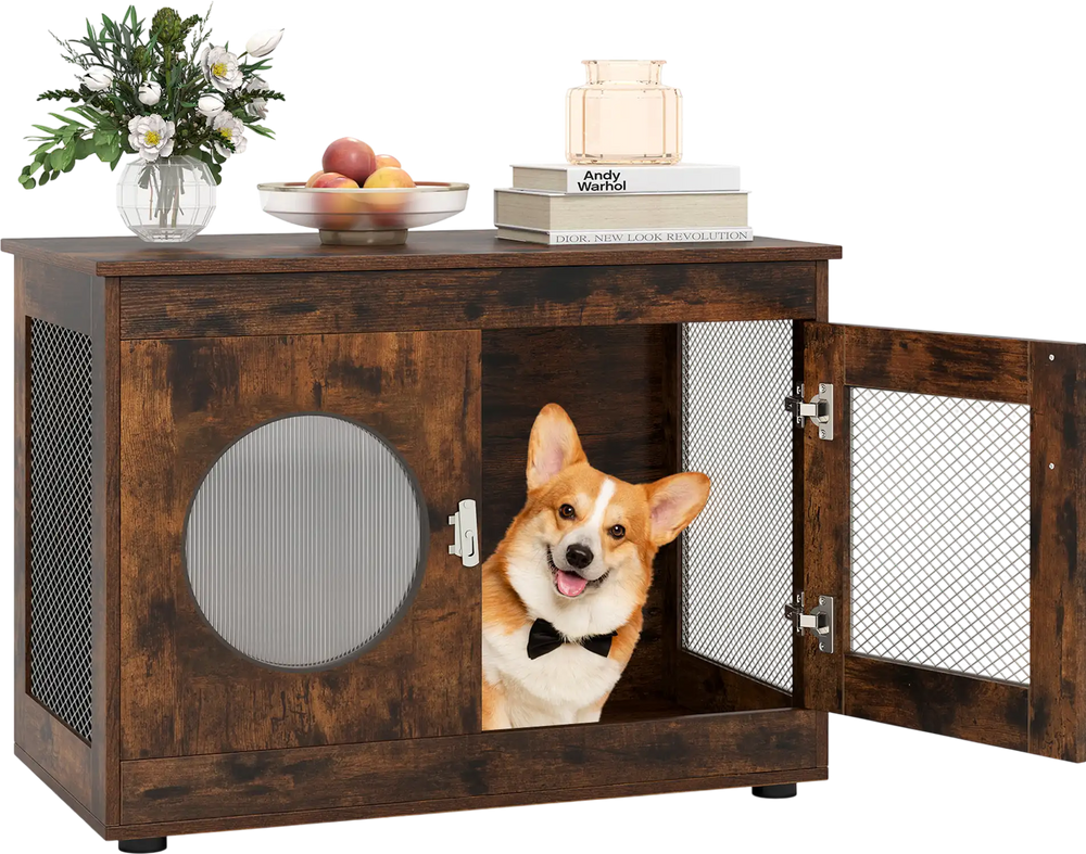 Furniture style dog crate in rustic brown with translucent window and lockable door, perfect for small and medium dogs.
