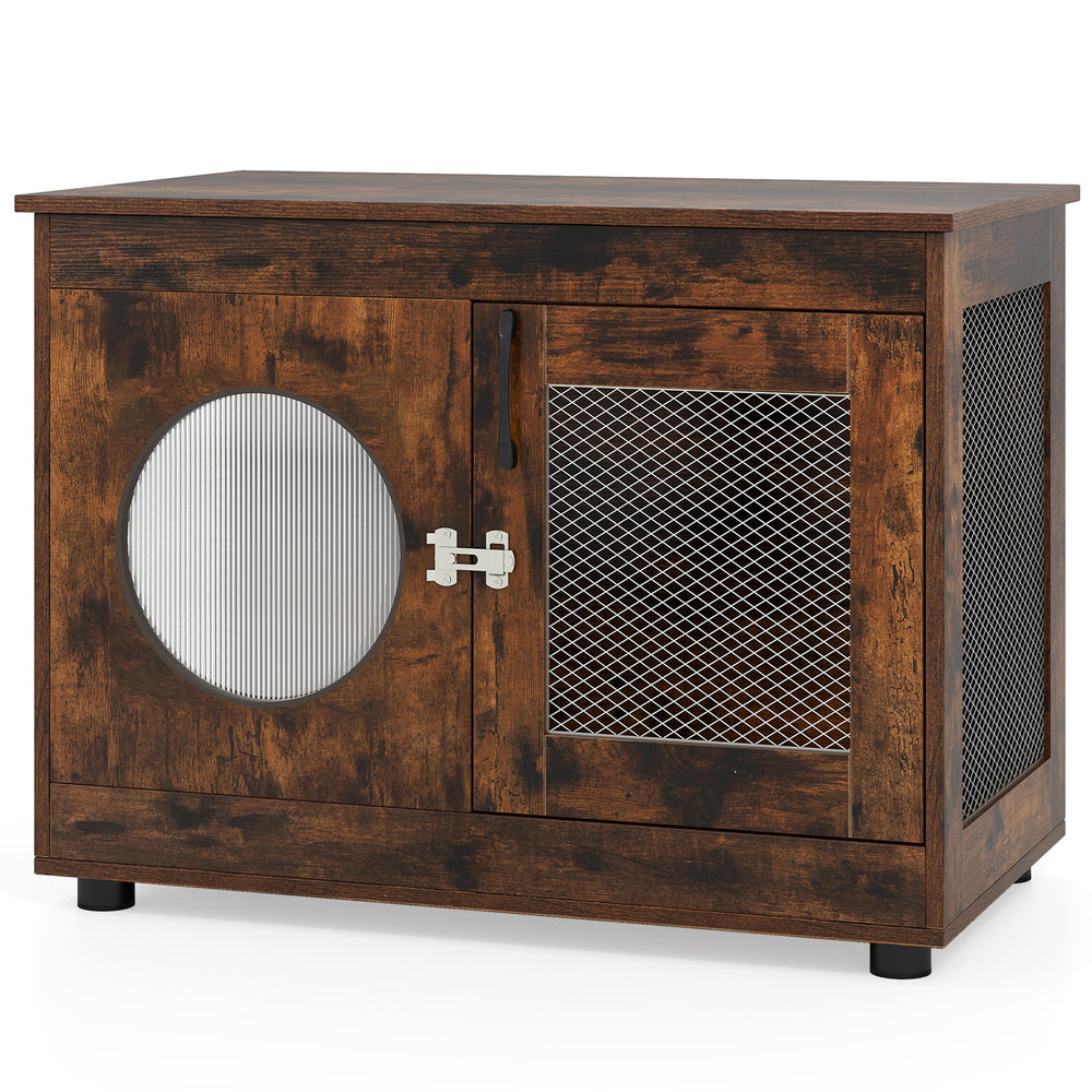 Rustic brown furniture style dog crate with a translucent window and lockable door, perfect for small and medium dogs.