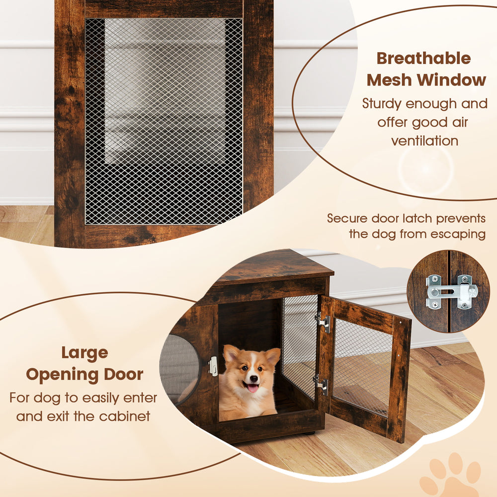 Furniture style dog crate in rustic brown with a large opening door and breathable mesh window for small and medium.