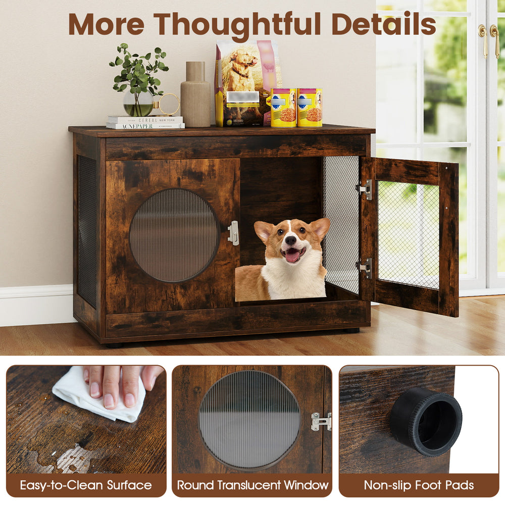 Rustic brown dog crate with translucent window and lockable door, perfect as a decorative side table for small dogs.