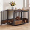 Stylish furniture-style dog crate in rustic brown with two doors, safety latch, and a comfortable dog mat for indoor use.