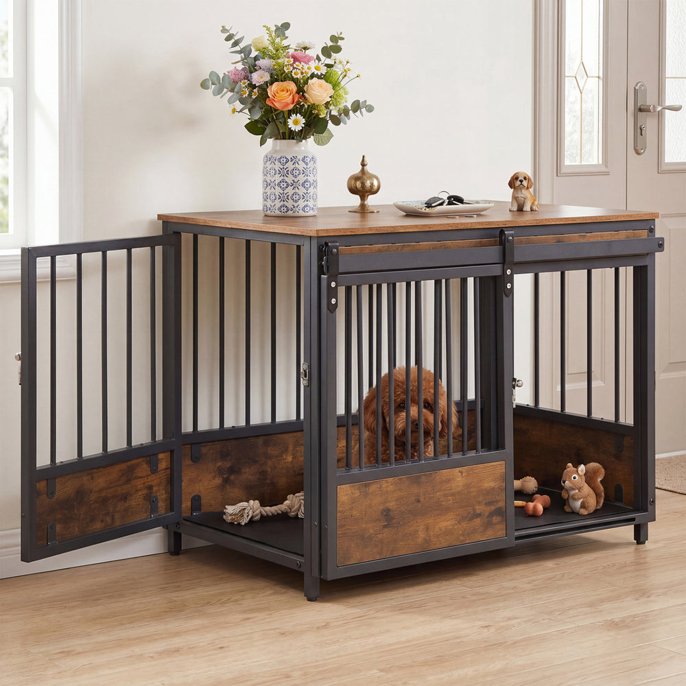 Stylish furniture-style dog crate in rustic brown with two doors, safety latch, and a comfortable dog mat for indoor use.