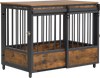 Furniture style dog crate with two doors, rustic brown wood top, and sturdy metal frame for small to medium-sized dogs.