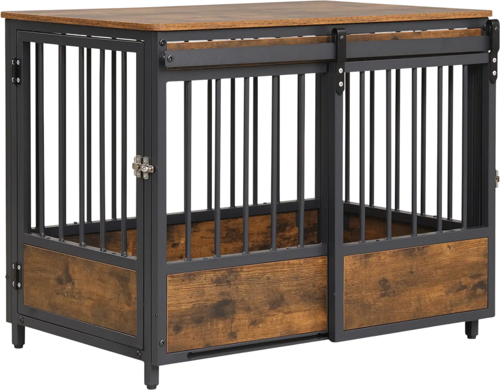 Furniture style dog crate with two doors, rustic brown wood top, and sturdy metal frame for small to medium-sized dogs.
