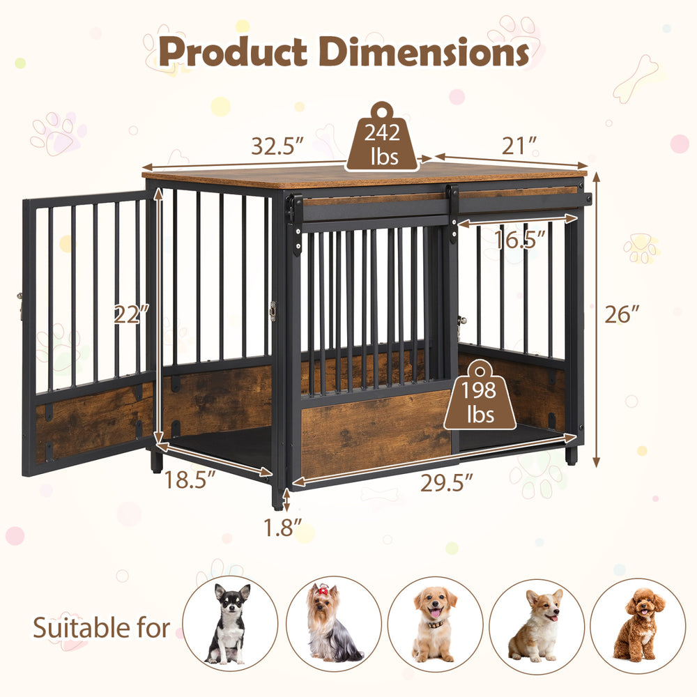 Furniture style dog crate with two doors, rustic brown finish, and sturdy design suitable for small to medium-sized dogs.