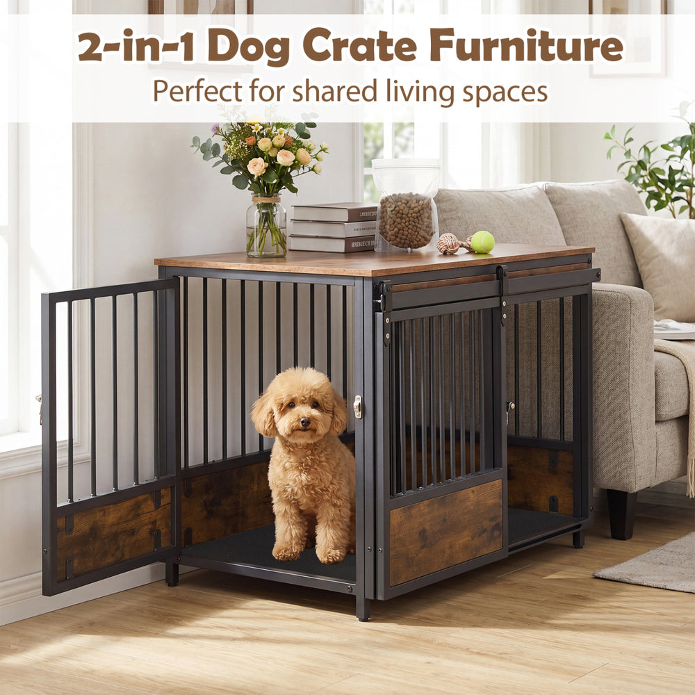 Furniture style dog crate with two doors, rustic brown finish, and a comfortable dog mat for small to medium dogs.