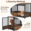 Furniture style dog crate in rustic brown with front sliding barn door and large side door for easy pet access.