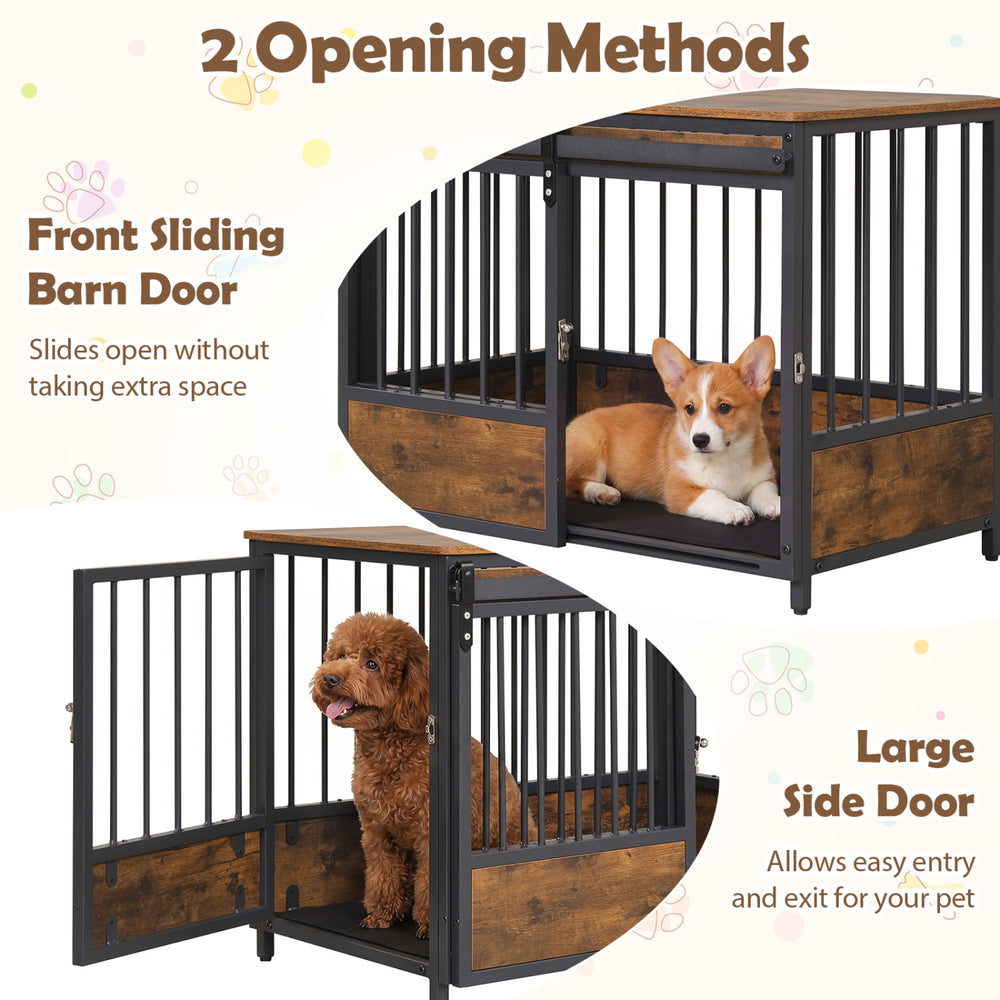 Furniture style dog crate in rustic brown with front sliding barn door and large side door for easy pet access.