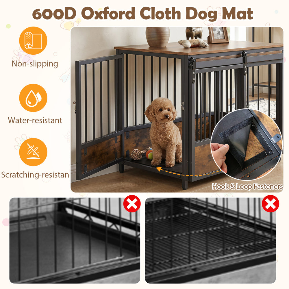 Furniture style dog crate with two doors and a 600D Oxford cloth dog mat for comfort and safety in rustic brown.