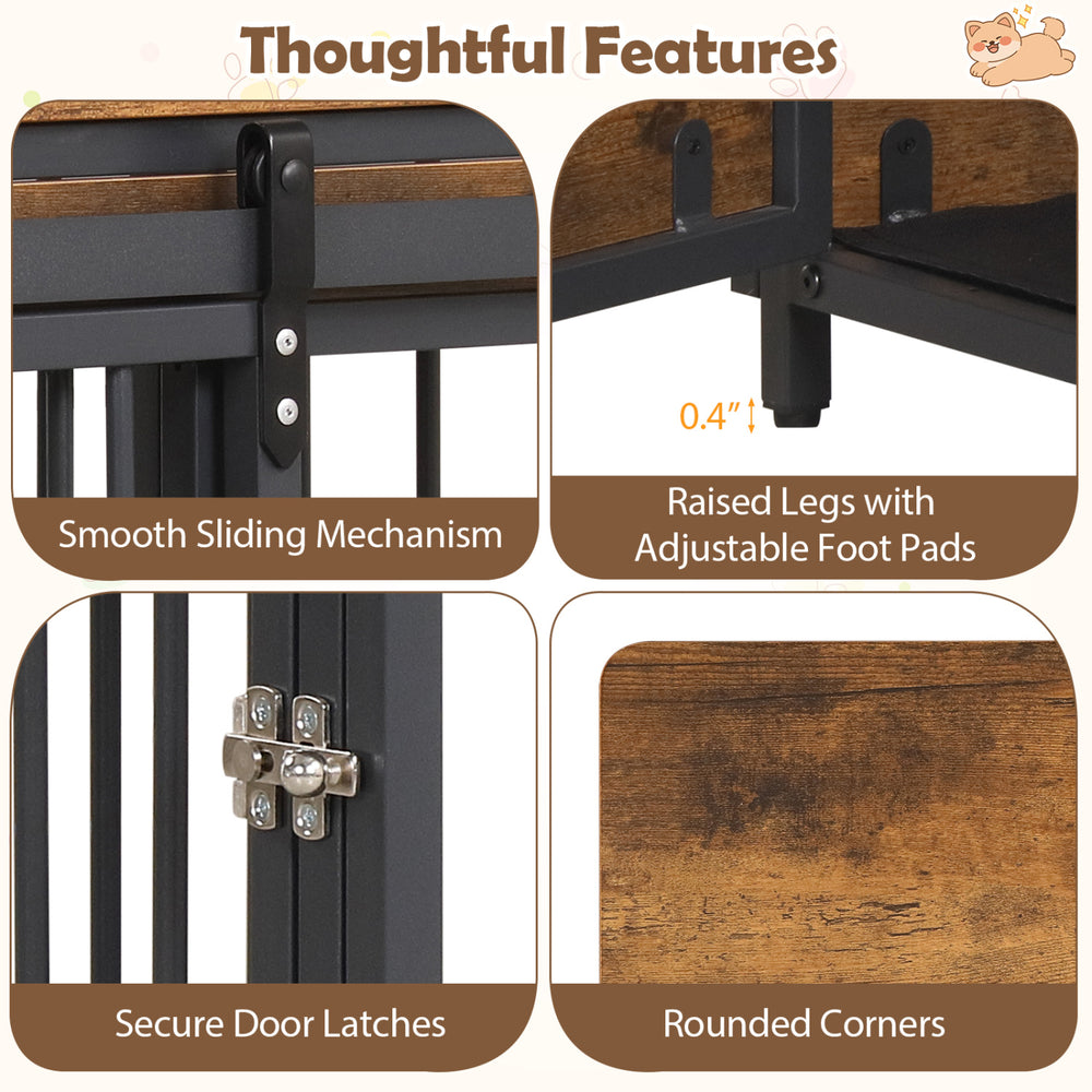 Furniture style dog crate in rustic brown with two doors, safety latches, and adjustable foot pads for stability.