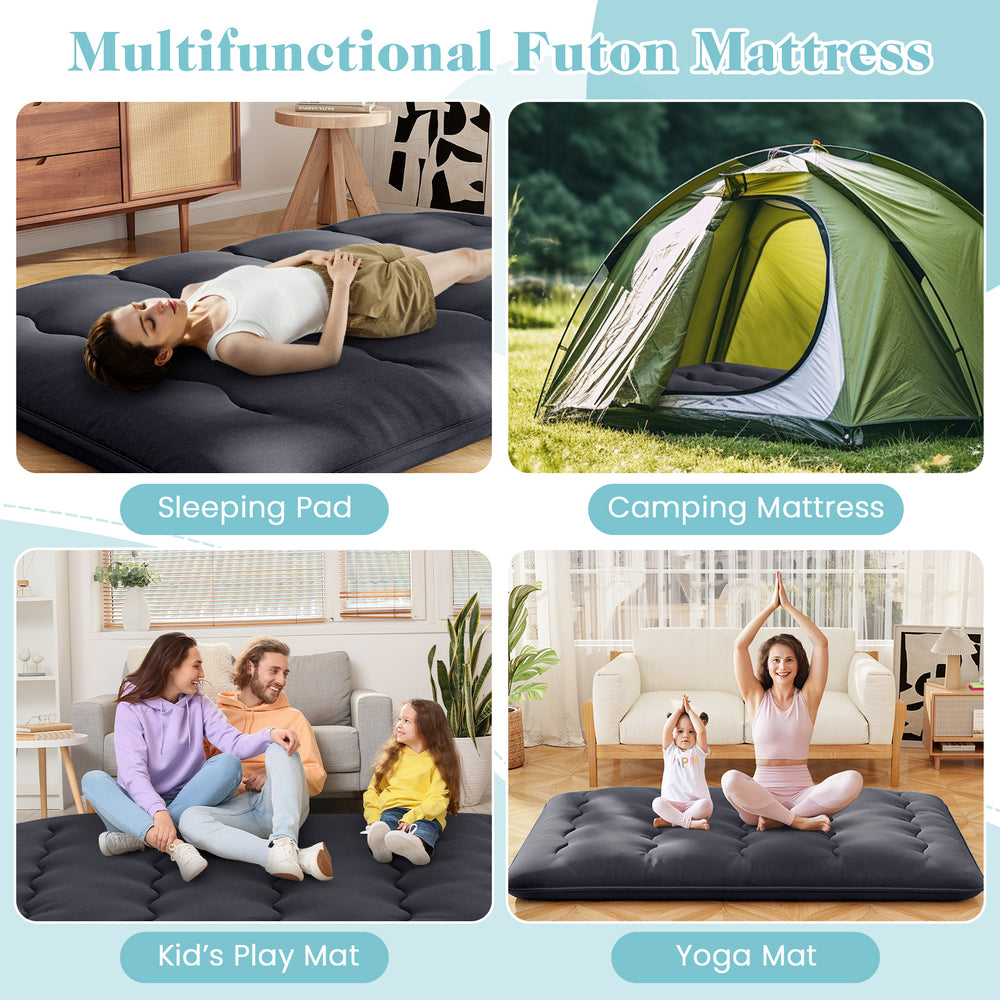 Multifunctional futon mattress shown as a kid's play mat, featuring a soft, breathable design for versatile use.