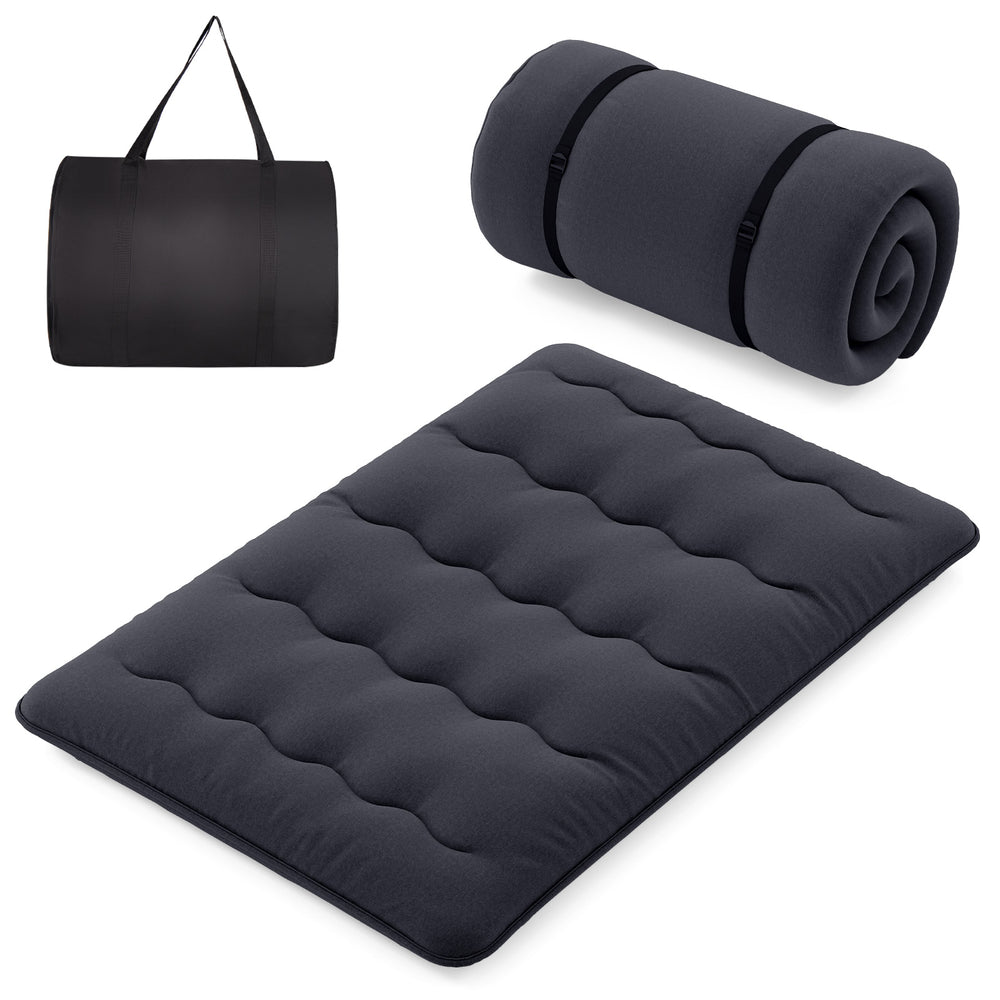 Futon mattress with washable cover, foldable design, and carry bag, ideal for camping, yoga, or as a sleeping pad.
