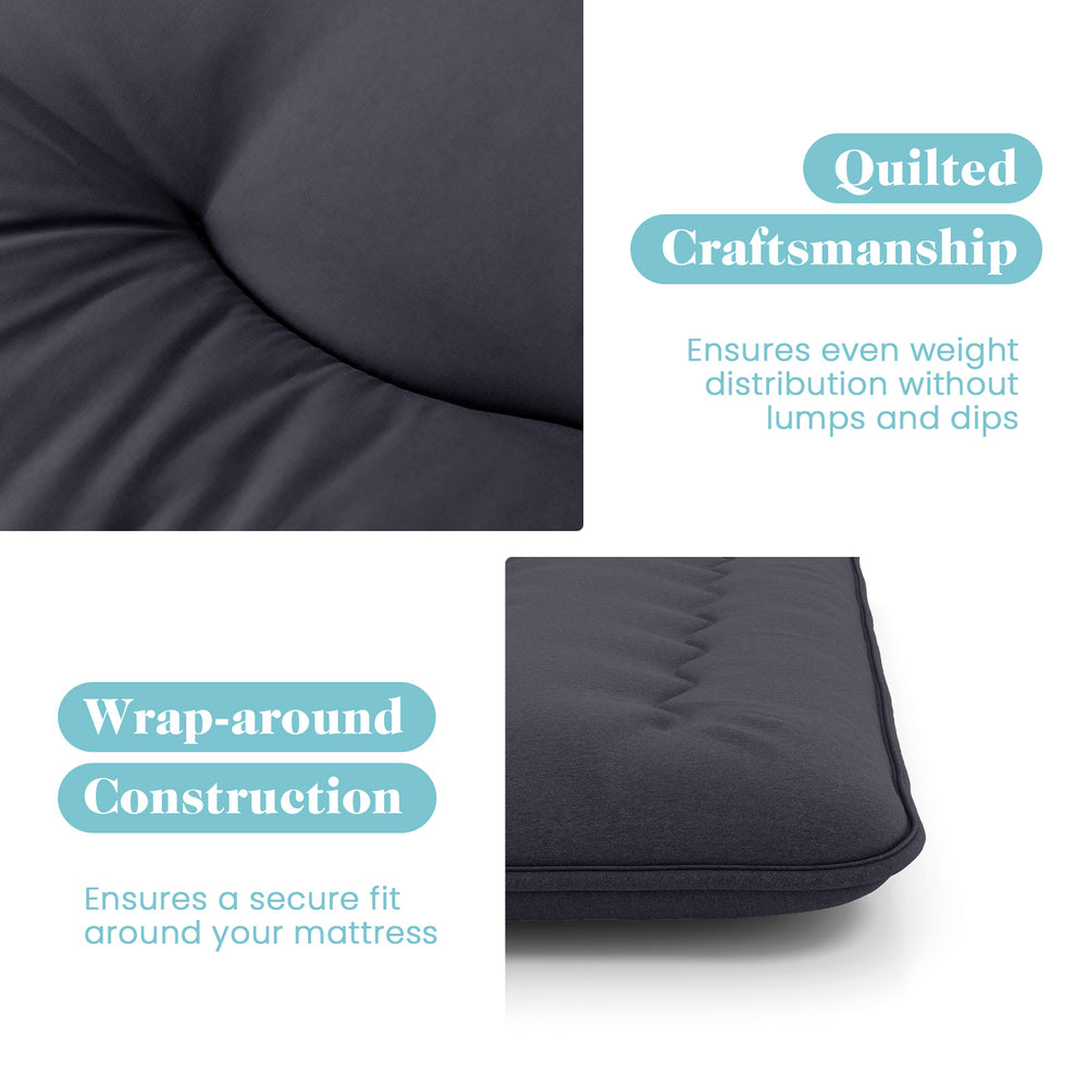 Quilted detail of the full-size futon mattress, featuring breathable fabric and wrap-around construction for secure fit.