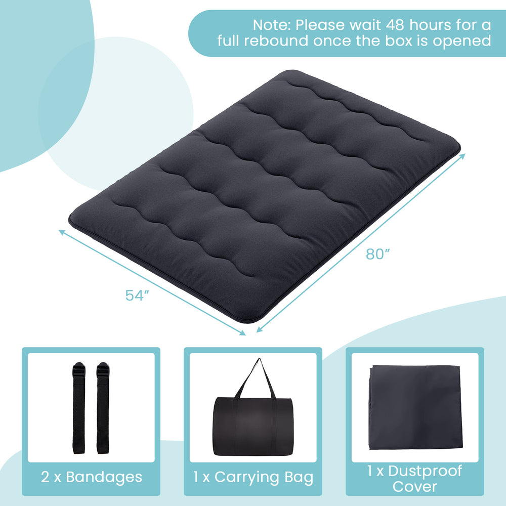 Futon mattress with washable cover, 80"x54", foldable design for easy storage, ideal for camping or yoga use.