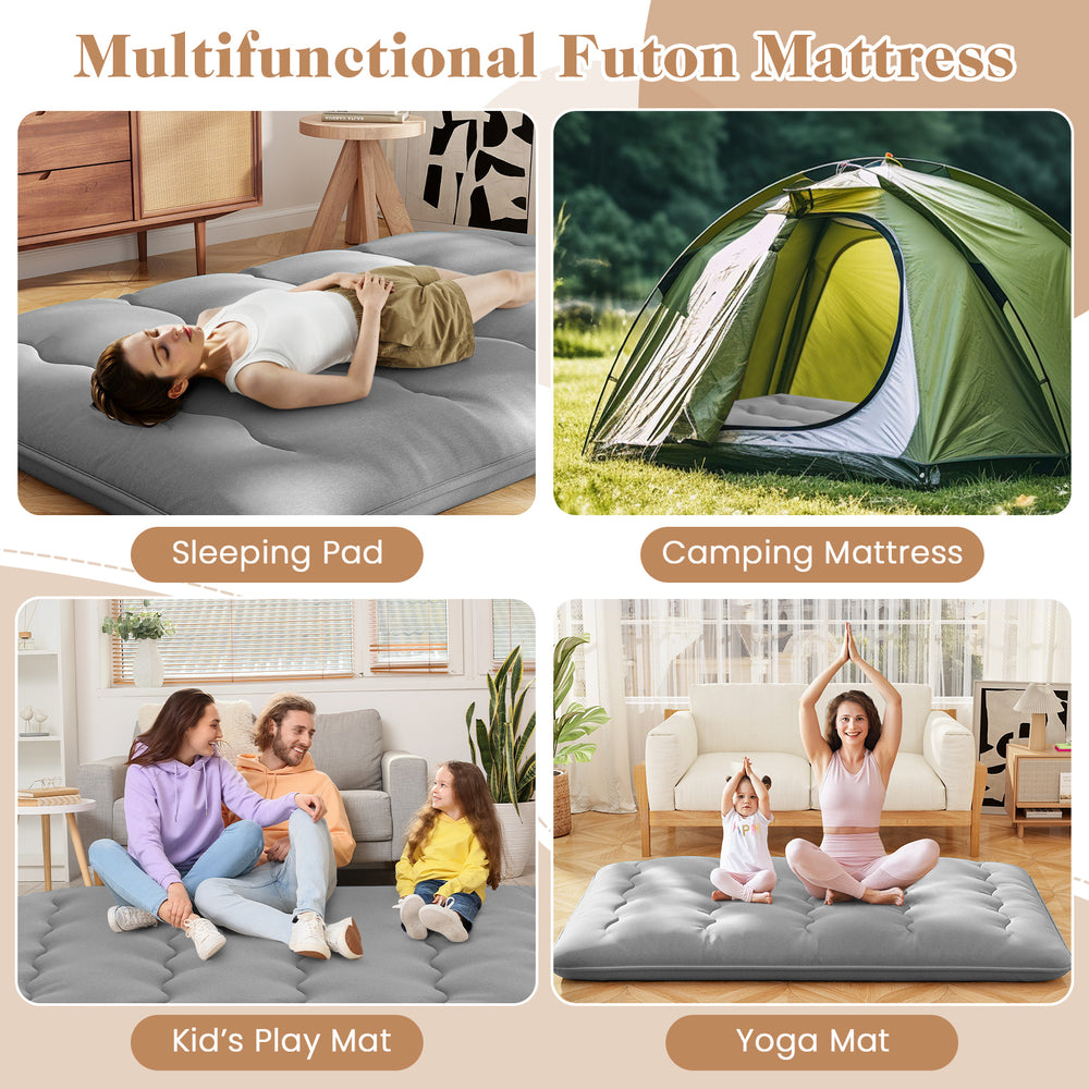 Multifunctional futon mattress in gray, ideal as a sleeping pad, camping mattress, or yoga mat, with washable cover and.