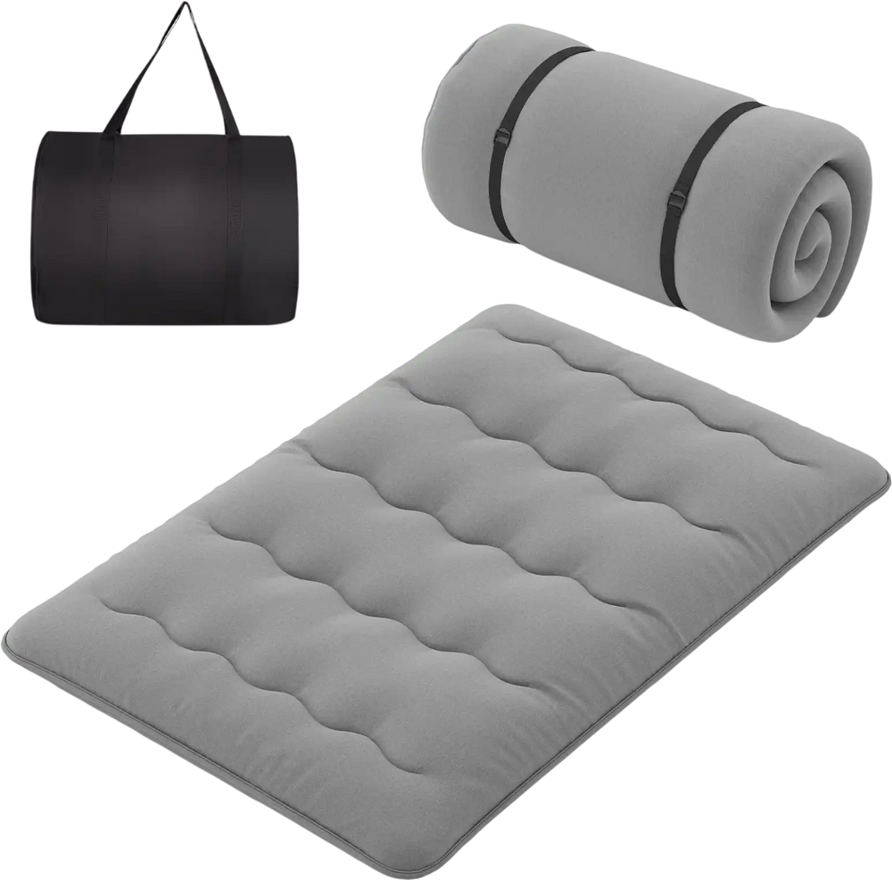 Full-size futon mattress with a washable cover, rolled up with a carry bag for easy storage and transportation.