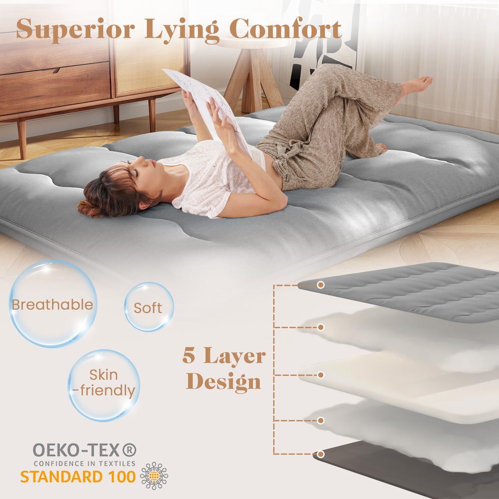 Futon mattress with 5-layer design, breathable and soft, ideal for camping or as a sleeping pad, shown in a lifestyle.