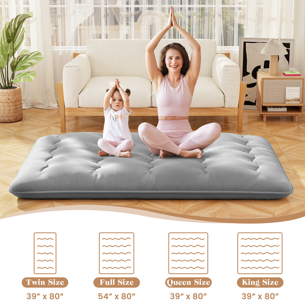 Full-size futon mattress with washable cover, showcasing quilted design, ideal for sleeping, camping, or yoga.