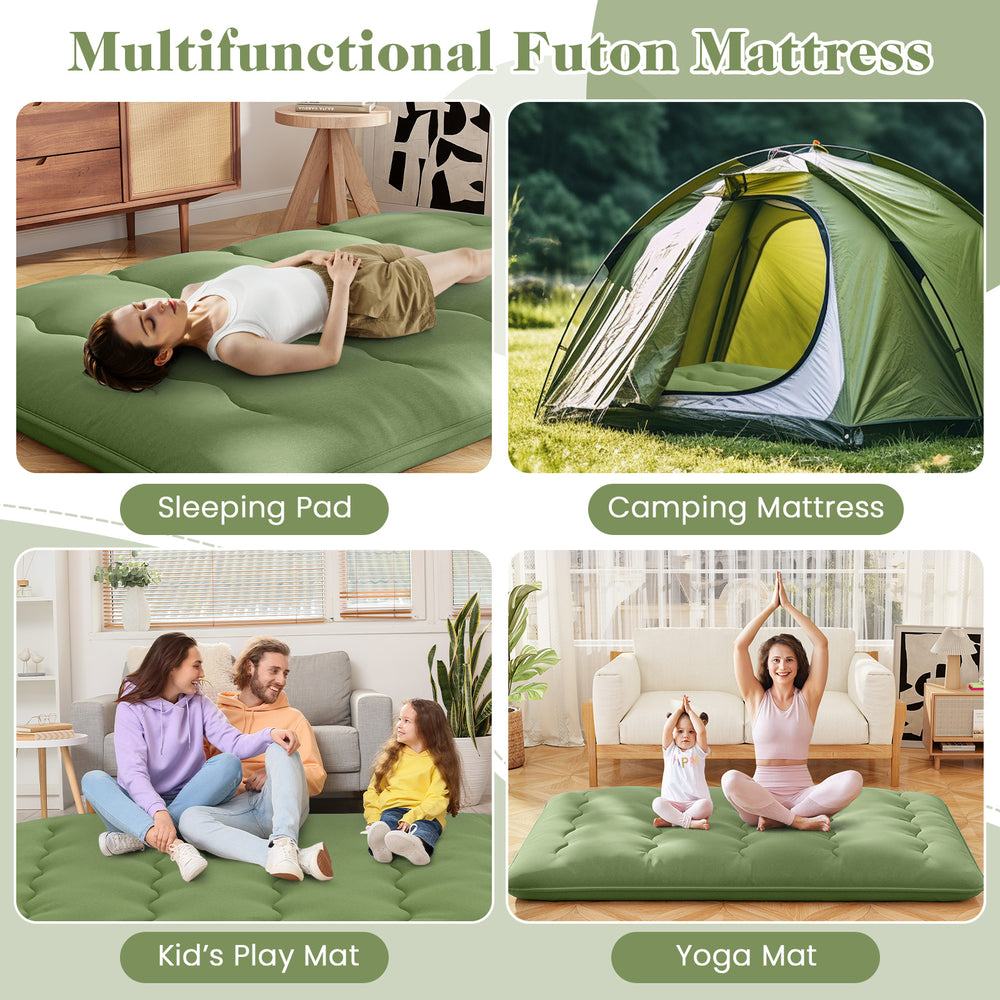 Full-size floor mattress with washable cover, ideal as a sleeping pad, camping mattress, or yoga mat for versatile use.