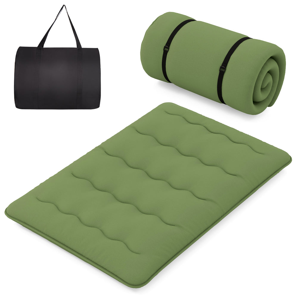 Full-size floor mattress in green with a washable cover and carry bag, ideal for camping, yoga, or kids' play.