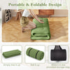 Foldable green floor mattress with washable cover, ideal for camping or yoga, shown in storage bag for easy transport.