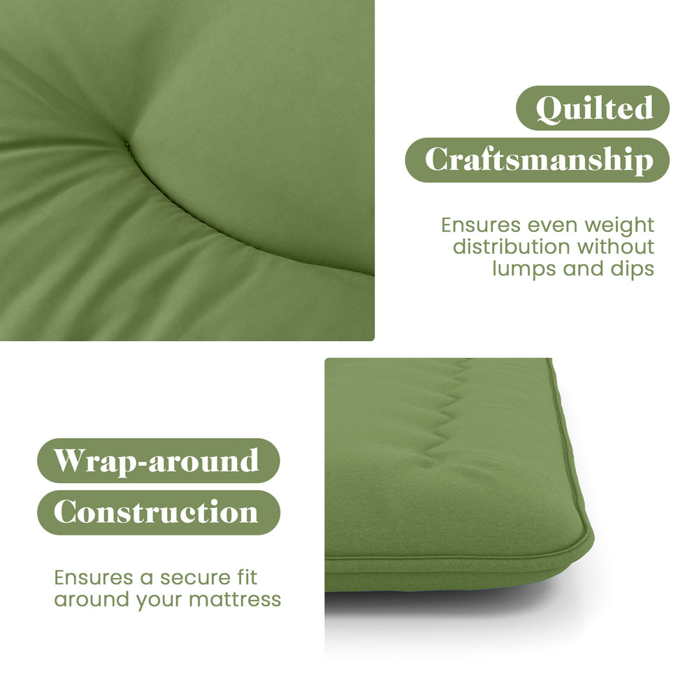 Quilted green floor mattress with washable cover, featuring wrap-around construction for a secure fit and easy.