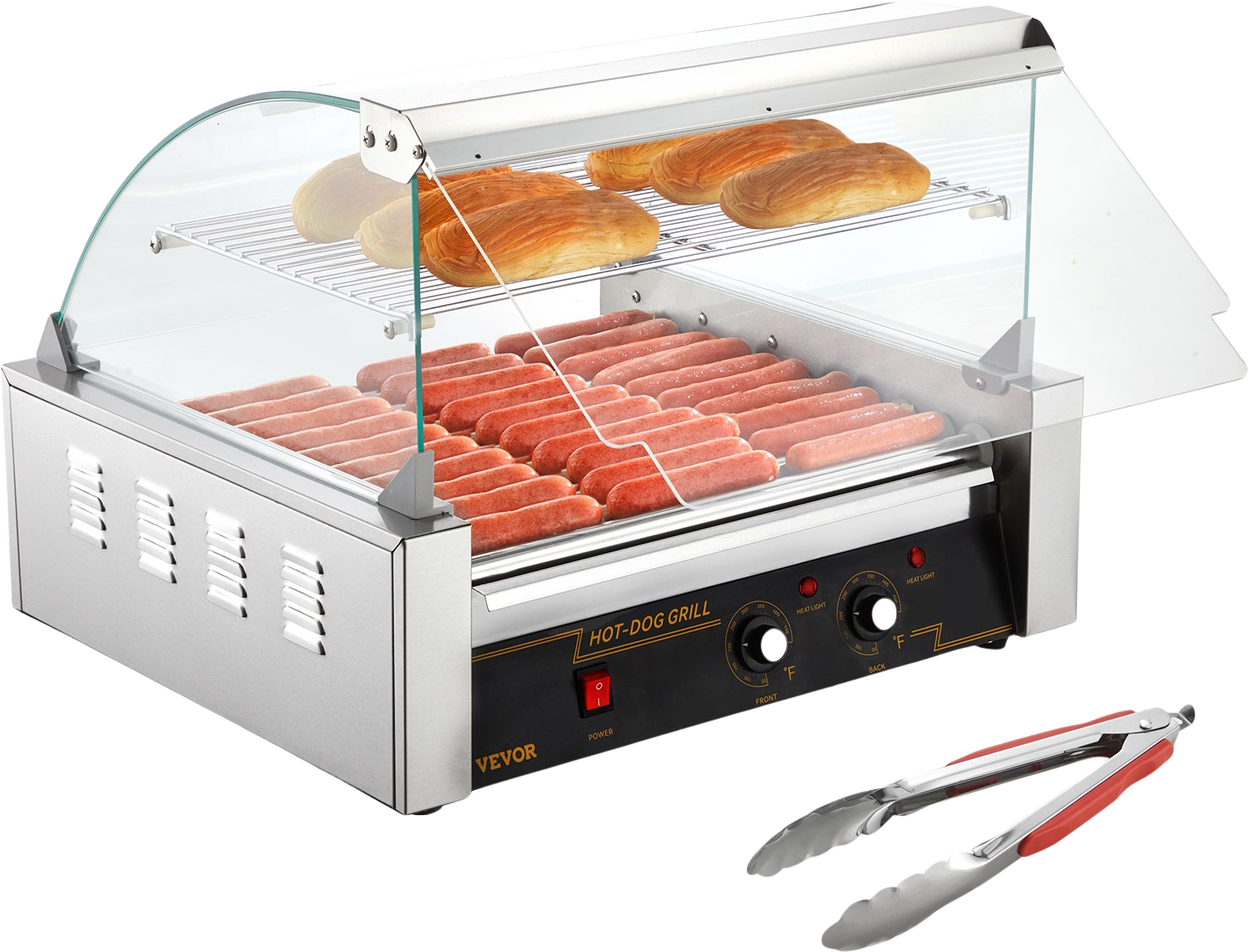 Vevor Hot Dog Roller Machine 11 Rollers 30 Sausage 1650W Dual Temperature Control Glass Cover ETL Certified New