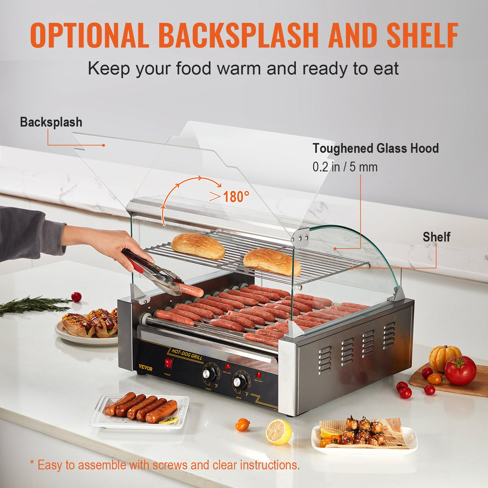 Vevor Hot Dog Roller Machine 11 Rollers 30 Sausage 1650W Dual Temperature Control Glass Cover ETL Certified New