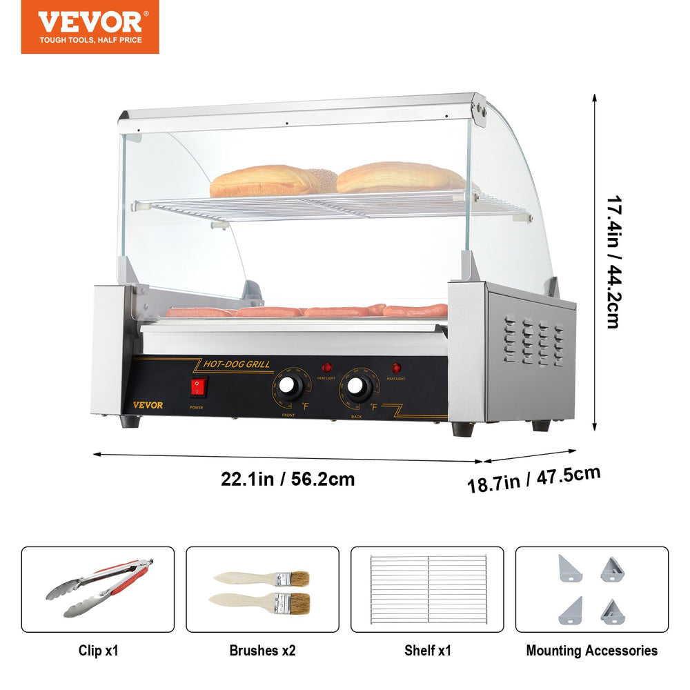 Vevor Hot Dog Roller Machine 11 Rollers 30 Sausage 1650W Dual Temperature Control Glass Cover ETL Certified New