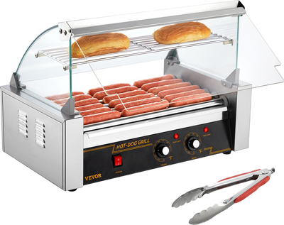 Vevor Hot Dog Roller Machine 7 Rollers 18 Sausage 1400W Dual Temperature Control Glass Cover ETL Certified New