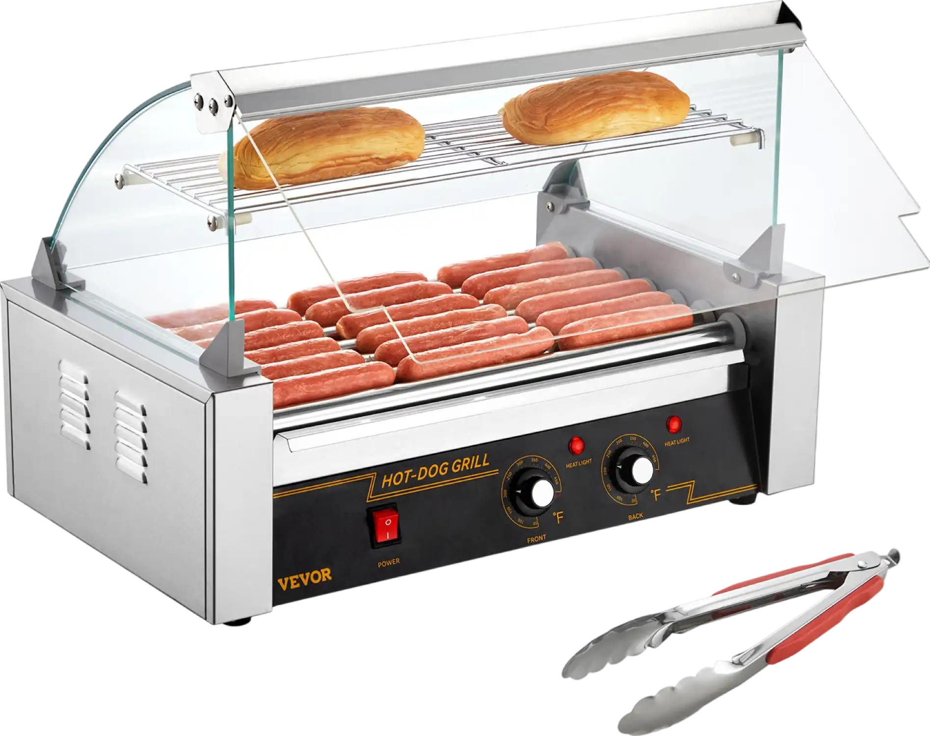 Vevor Hot Dog Roller Machine 7 Rollers 18 Sausage 1400W Dual Temperature Control Glass Cover ETL Certified New
