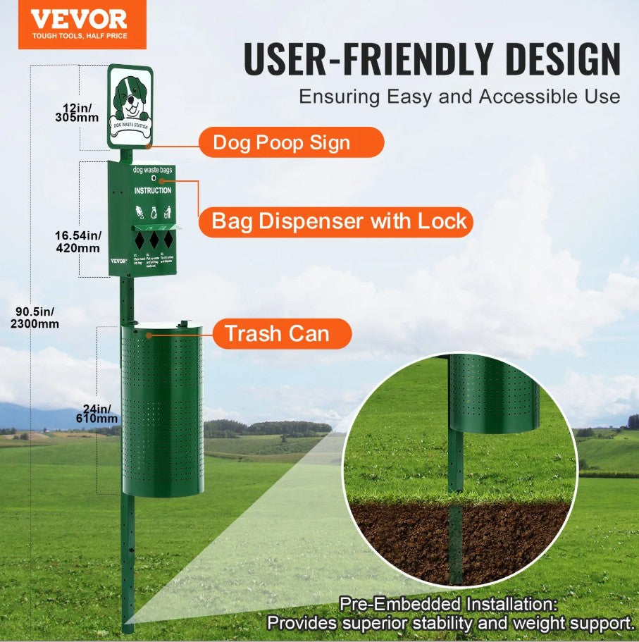 Vevor Outdoor Dog Waste Station 11.5 Gal Trash Can with 600 Bags New
