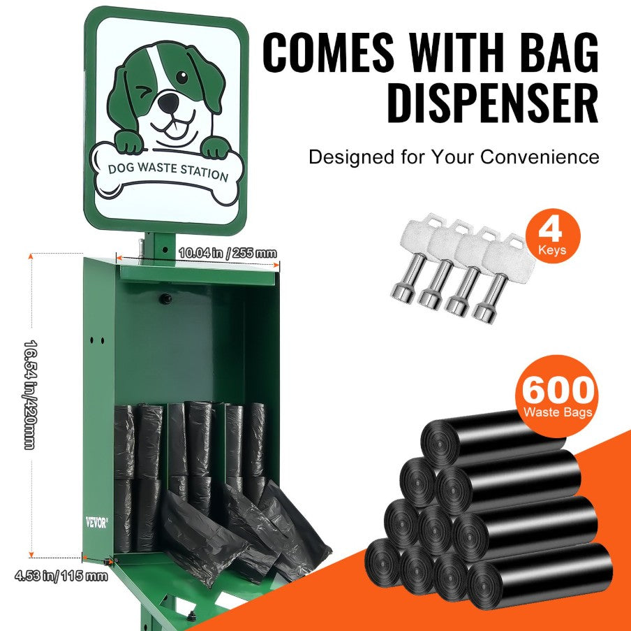 Vevor Outdoor Dog Waste Station 11.5 Gal Trash Can with 600 Bags New