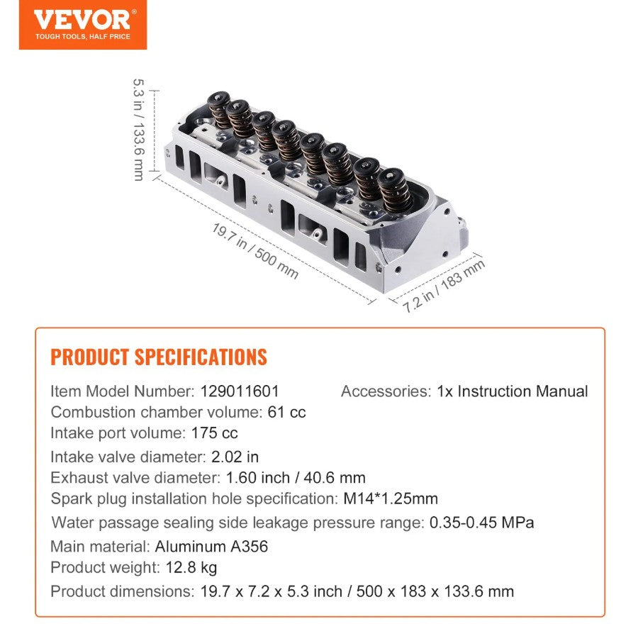 Vevor Aluminum Engine Cylinder Head Assembly for SBF Ford Mustang 289/302/351W New