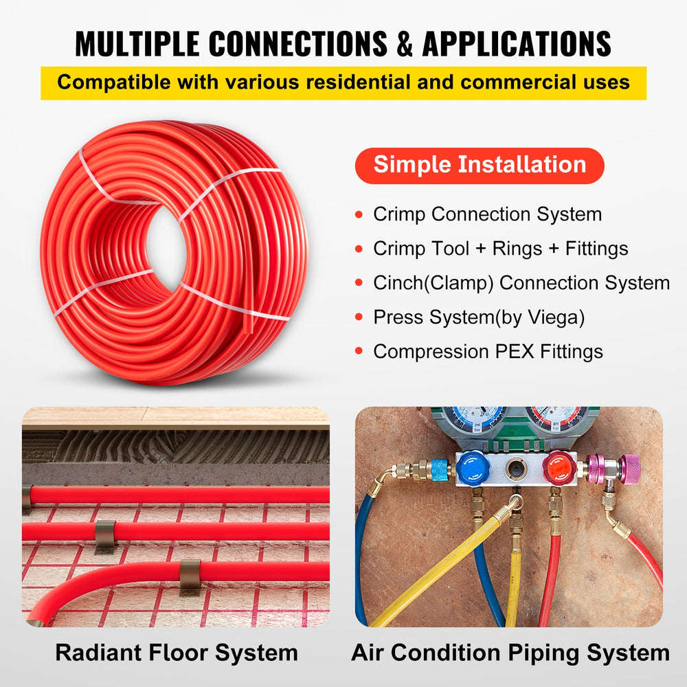 Vevor PEX Tubing Pipes 1" x 500' Non Oxygen Barrier PEX-B Tube for Radiant Floor Heating Systems Red New